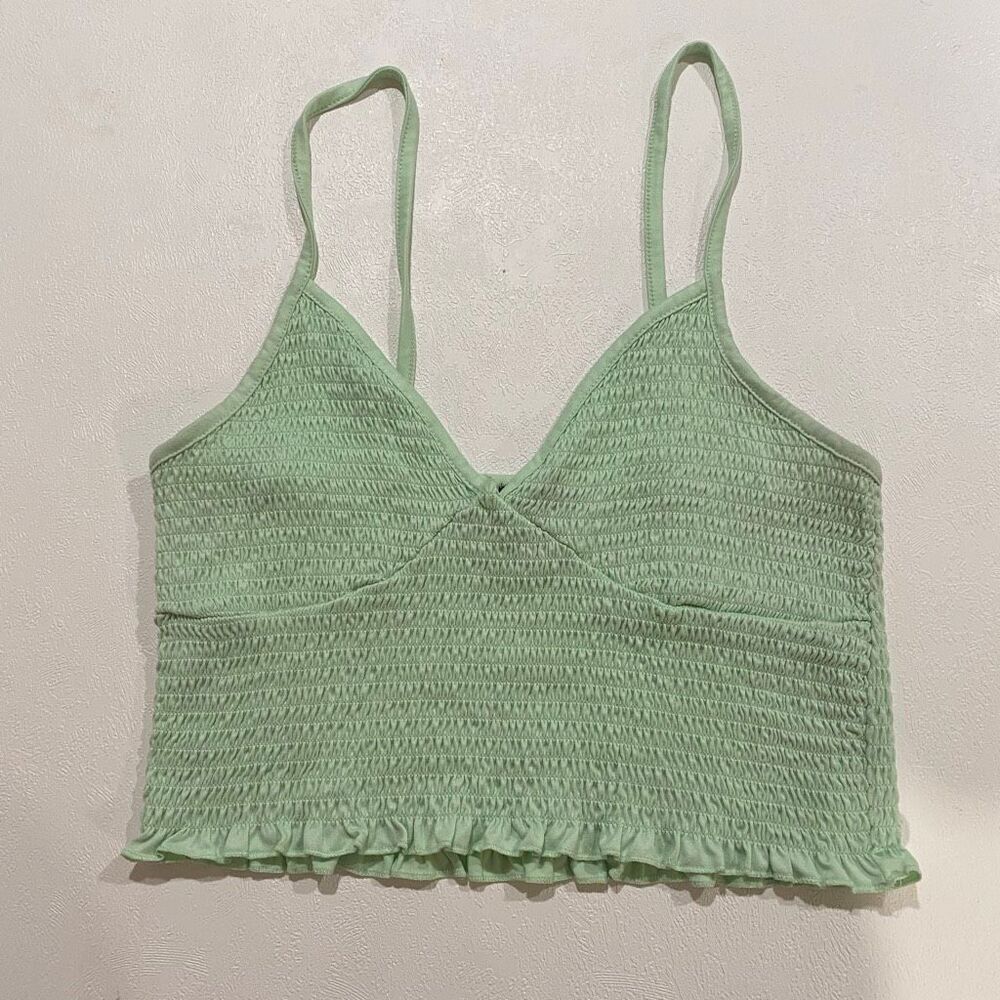 Rue21 Green Smocked Crop Top Spaghetti Strap Ruffle Hem Size XL